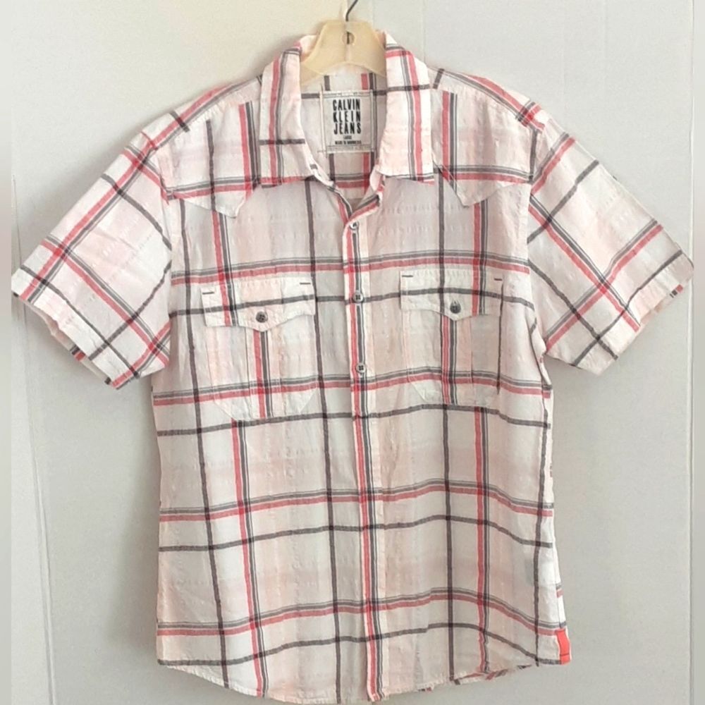 CALVIN KLEIN JEANS Red|Gray Plaid Pattern Western Casual Button Down Shirt Sz L